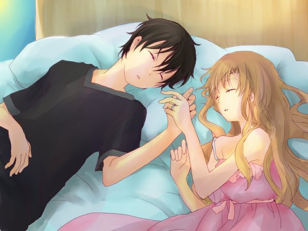 Anime picture 1024x768 with sword art online a-1 pictures yuuki asuna kirigaya kazuto minato (artist) long hair fringe short hair open mouth black hair brown hair bare shoulders lying eyes closed from above couple holding hands sleeping girl boy
