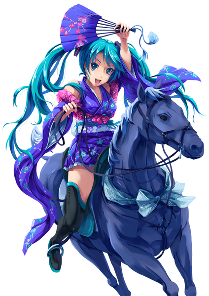 Anime picture 707x1000 with vocaloid hatsune miku pixco single long hair tall image open mouth simple background white background twintails traditional clothes japanese clothes aqua eyes aqua hair girl detached sleeves animal kimono thigh boots fan