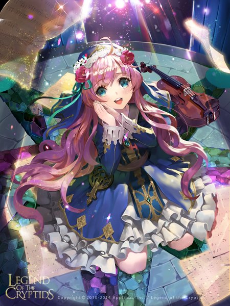 Anime picture 1000x1333 with original legend of the cryptids tob single long hair tall image looking at viewer open mouth blue eyes sitting pink hair ahoge from above watermark light looking up girl frills musical instrument paper