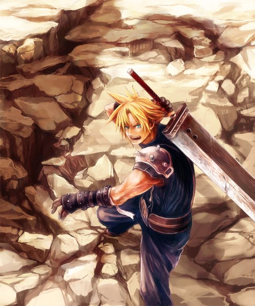 Anime picture 1199x1440 with final fantasy final fantasy vii square enix cloud strife tsuyomaru single tall image short hair open mouth blonde hair aqua eyes spiked hair boy weapon sword