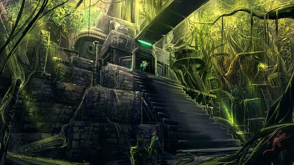 Anime picture 1280x721 with original airlight (artist) wide image landscape overgrown plant (plants) tree (trees) building (buildings) forest stairs pyramid