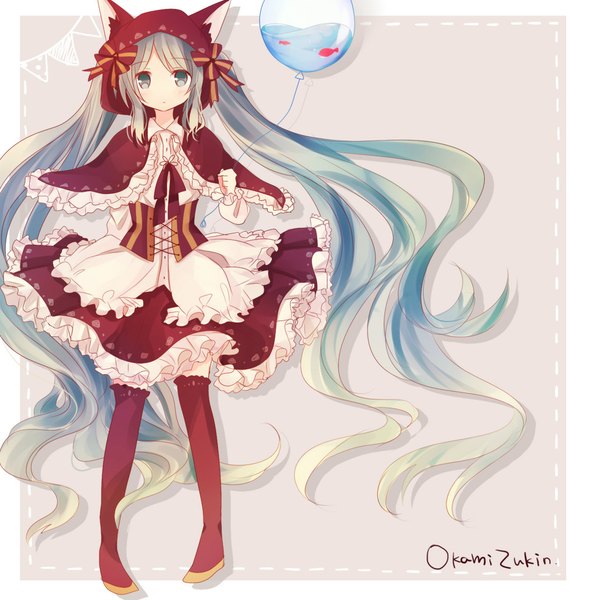 Anime picture 1010x1030 with vocaloid hatsune miku asanagi kurumi (panda-doufu) single tall image looking at viewer simple background twintails animal ears payot full body very long hair aqua eyes aqua hair grey background border dotted line girl bow hair bow