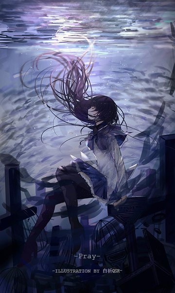 Anime picture 480x800 with mahou shoujo madoka magica shaft (studio) akemi homura bai qi-qsr single long hair tall image fringe black hair sitting signed bent knee (knees) outdoors eyes closed profile wind sunlight arm support high heels text