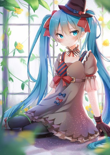 Anime picture 1062x1500 with vocaloid hatsune miku ennui heiwa miku alexmaster single tall image looking at viewer blush twintails very long hair aqua eyes aqua hair girl dress gloves flower (flowers) bow hair bow hat