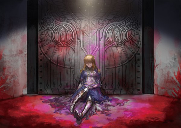Anime picture 1500x1061 with fate (series) fate/stay night type-moon artoria pendragon (all) saber charimei single long hair fringe breasts blonde hair smile sitting bent knee (knees) braid (braids) eyes closed torn clothes blood stains girl gloves