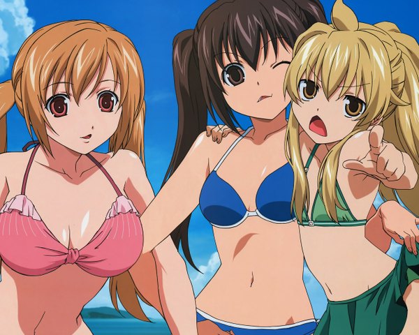 Anime picture 1280x1024 with minami-ke minami kana minami chiaki minami haruka light erotic multiple girls summer girl navel swimsuit bikini 3 girls tagme