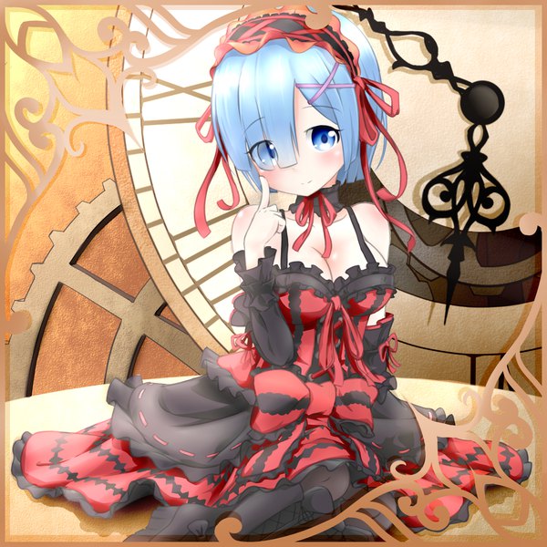 Anime picture 1400x1400 with re:zero kara hajimeru isekai seikatsu date a live white fox rem (re:zero) tokisaki kurumi keven (ewdx3754) single looking at viewer blush fringe short hair breasts blue eyes light erotic large breasts sitting bare shoulders blue hair cleavage hair over one eye