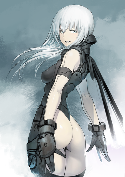 Anime picture 1060x1499 with blame! cibo kirii single long hair tall image looking at viewer breasts light erotic simple background smile bare shoulders ass white hair looking back wind from behind grey background spread arms pale skin