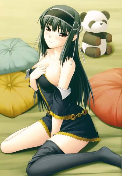 Anime picture 4162x6004 with kimi ga aruji de shitsuji ga ore de kuonji shinra tall image highres light erotic black hair red eyes absurdres girl hairband pillow toy stuffed animal panda