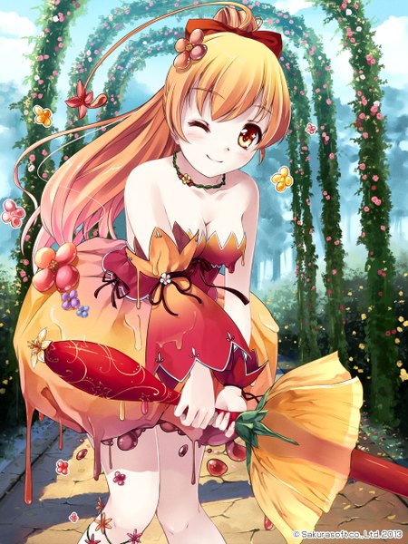 Anime picture 960x1280 with original miyase mahiro single long hair tall image looking at viewer blush smile yellow eyes ponytail one eye closed wink orange hair girl dress flower (flowers) bow weapon hair bow detached sleeves
