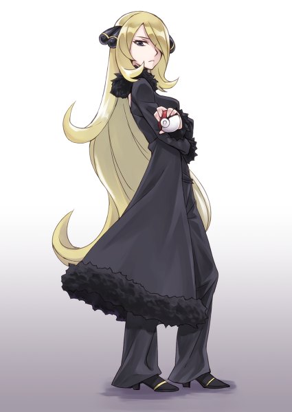 Anime picture 850x1200 with pokemon pokemon dppt nintendo cynthia (pokemon) matsuryuu single tall image looking at viewer fringe blonde hair holding very long hair hair over one eye grey eyes high heels fur trim girl hair ornament fur pants