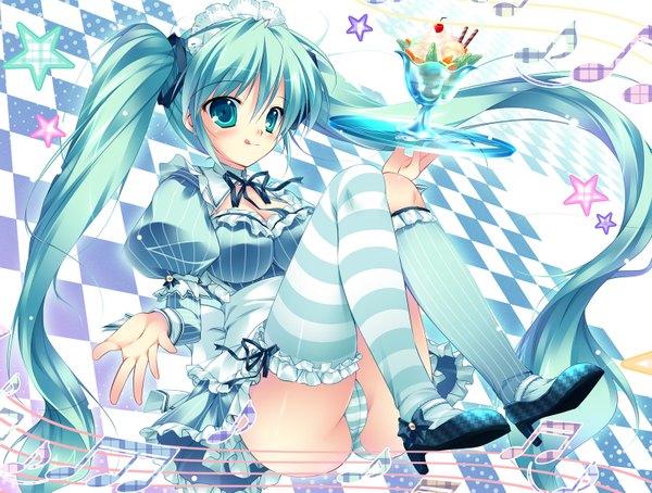 Anime picture 1500x1137 with vocaloid hatsune miku mikeou single blush light erotic twintails very long hair aqua eyes aqua hair maid cameltoe pantyshot sitting :p checkered checkered background girl thighhighs dress underwear