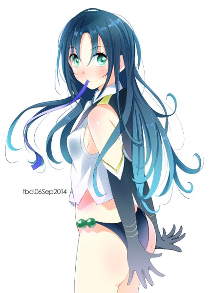 Anime picture 1890x2600 with kantai collection suzukaze destroyer tebi (tbd11) single long hair tall image looking at viewer blush highres blue eyes light erotic simple background bare shoulders holding signed blue hair ass mouth hold turning head dated