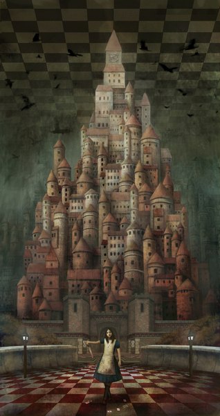 Anime picture 1166x2200 with american mcgee's alice (game) alice (american mcgee's) nifui (artist) tall image checkered surreal dress animal bird (birds) clock knife lantern card (cards) castle lamppost crow tower clock tower