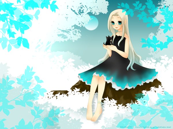 Anime picture 1422x1067 with hellsing alucard (hellsing) integra wingates hellsing solid&etc open mouth smile sitting holding sky barefoot aqua eyes light smile no shoes sleeveless blue background face to face silhouette girl dress plant (plants)