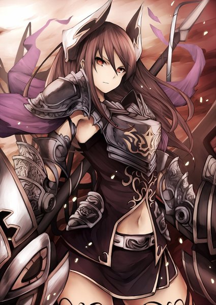 Anime picture 800x1129 with shingeki no bahamut forte (shingeki no bahamut) snm (sunimi) single long hair tall image looking at viewer fringe hair between eyes red eyes brown hair standing horn (horns) wind serious girl skirt navel weapon miniskirt