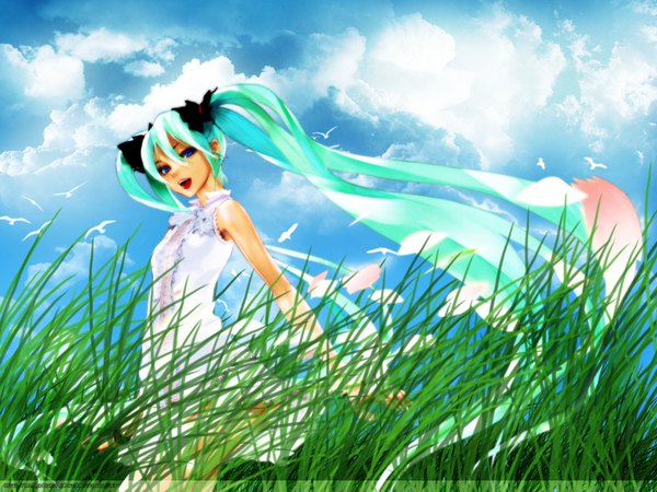 Anime picture 1600x1200 with vocaloid hatsune miku redjuice single long hair open mouth blue eyes bare shoulders sky cloud (clouds) aqua hair girl dress hair ornament plant (plants) animal bird (birds) grass sundress