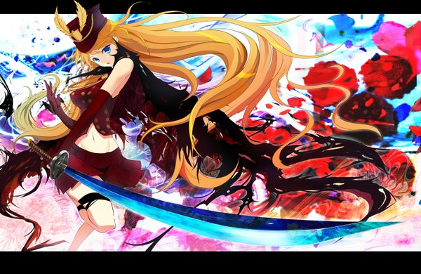 Anime picture 1446x942 with single long hair blue eyes blonde hair girl gloves flower (flowers) weapon hat sword elbow gloves rose (roses) katana