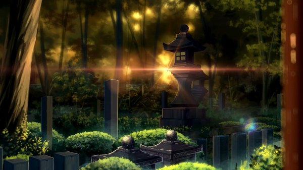 Anime picture 1920x1080 with original niko p highres wide image sunlight lens flare no people sunbeam plant (plants) tree (trees) grass forest sun cemetery