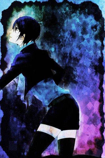 Anime picture 2528x3800 with kuroshitsuji a-1 pictures ciel phantomhive azusa (artist) tall image highres short hair black hair from behind black eyes back thighhighs boy black thighhighs shorts suit neckerchief