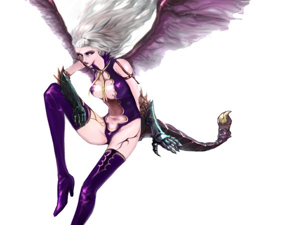 Anime picture 1024x768 with fairy tail mirajane strauss single long hair breasts light erotic simple background white background cleavage silver hair aqua eyes lips demon girl demon girl gloves wings boots armor thigh boots