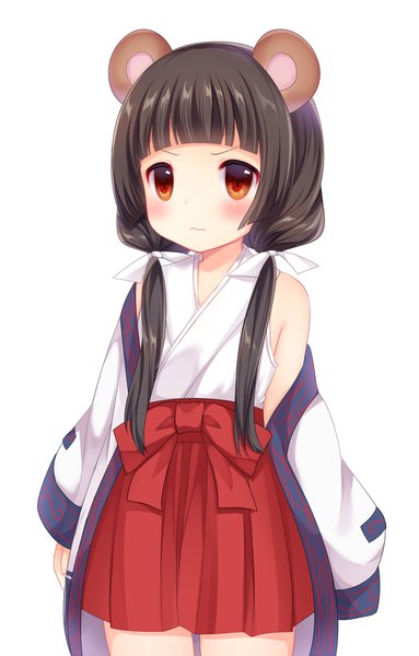Anime picture 900x1408 with kumamiko amayadori machi nachi single long hair tall image blush fringe black hair simple background standing white background twintails bare shoulders brown eyes animal ears payot looking away blunt bangs long sleeves