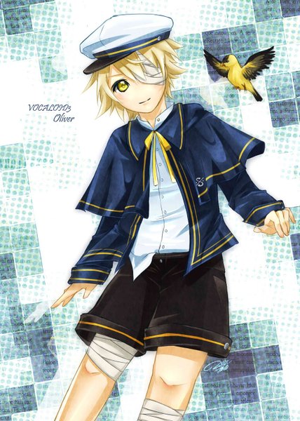 Anime picture 1000x1400 with vocaloid oliver james (vocaloid) single tall image blush highres short hair blonde hair smile yellow eyes bandage over one eye boy animal shorts bird (birds) bandage (bandages) peaked cap