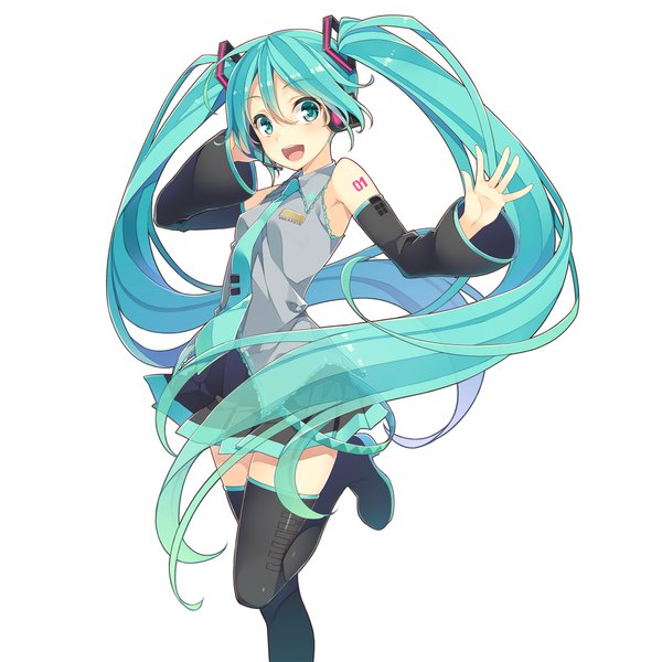 Anime picture 2048x2048 with uchi no hime-sama ga ichiban kawaii vocaloid hatsune miku kuroi (liar-player) single looking at viewer blush highres open mouth simple background white background twintails very long hair :d pleated skirt aqua eyes aqua hair inscription wide sleeves outstretched arm