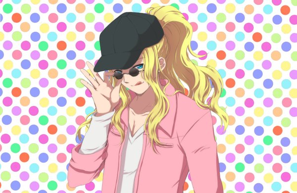 Anime picture 1535x1000 with level e baka ki el dogra liusang single long hair blonde hair ponytail aqua eyes :p polka dot polka dot background boy hat sunglasses cap