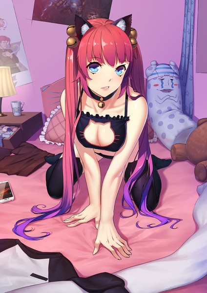 Anime picture 992x1403 with original daye bie qia lian single long hair tall image looking at viewer breasts blue eyes light erotic twintails animal ears red hair cat ears hair bell girl thighhighs black thighhighs lingerie bra pillow