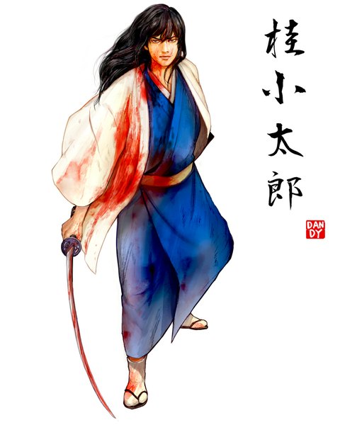 Anime picture 800x1000 with gintama sunrise (studio) katsura kotarou dandyking single long hair tall image fringe black hair simple background white background signed traditional clothes japanese clothes black eyes hieroglyph bloody weapon boy weapon sword