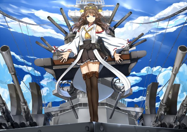 Anime picture 1416x1002 with kantai collection kongou battleship muunyan (yumenekoya) single long hair looking at viewer brown hair sky cloud (clouds) ahoge traditional clothes black eyes from below nontraditional miko girl hair ornament weapon detached sleeves thigh boots watercraft