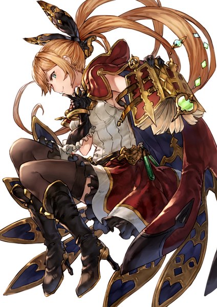 Anime picture 707x1000 with granblue fantasy clarisse (granblue fantasy) benitama single long hair tall image looking at viewer fringe blonde hair simple background smile white background holding green eyes bent knee (knees) ponytail profile high heels finger to mouth frilly skirt