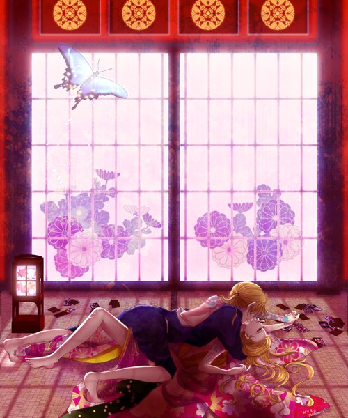 Anime picture 1500x1800 with vocaloid kagamine rin kagamine len melou long hair tall image blonde hair lying traditional clothes japanese clothes barefoot tattoo couple hug back holding hands face to face girl boy flower (flowers)