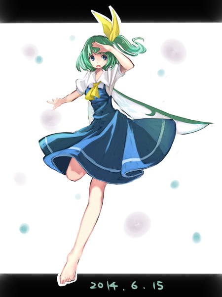 Anime picture 960x1280 with touhou daiyousei namauni single tall image fringe short hair open mouth white background looking away barefoot green hair one side up outstretched arm girl dress bow hair bow wings