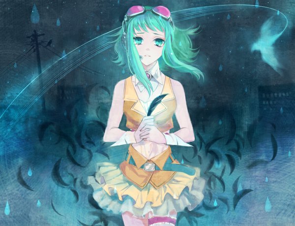 Anime picture 1000x766 with vocaloid gumi midorigawa akari single looking at viewer short hair bare shoulders green eyes green hair night rain girl animal bird (birds) wrist cuffs feather (feathers) goggles power lines