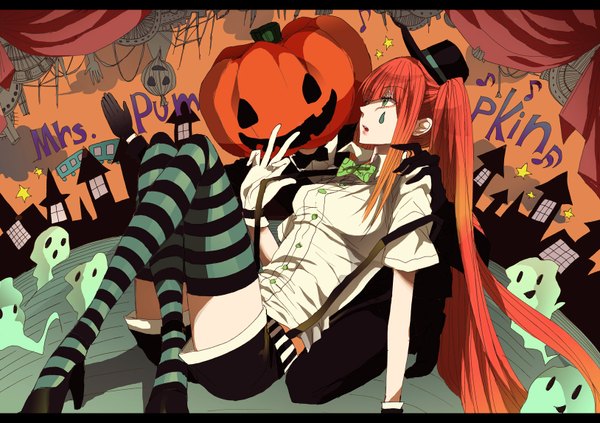 Anime picture 1628x1148 with vocaloid mrs.pumpkin no kokkei na yume (vocaloid) hatsune miku yuki (fuguneko) long hair blue eyes orange hair letterboxed halloween ghost music girl thighhighs gloves hat shirt shorts bowtie star (symbol) building (buildings)