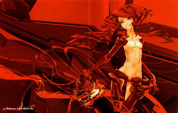 Anime picture 9564x6056 with original redjuice single long hair highres smile red eyes absurdres red hair scan official art midriff grin curly hair girl navel