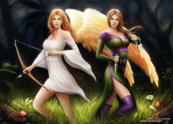 Anime picture 1100x787 with zolaida (artist) long hair blue eyes blonde hair multiple girls lips realistic orange eyes angel wings girl dress weapon 2 girls wings white dress bow (weapon) arrow (arrows) dagger