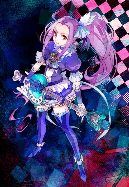 Anime picture 1000x1450 with suite precure seiren (suite precure) cure beat chiyo (rotsurechiriha) single tall image open mouth standing yellow eyes purple hair ahoge ponytail very long hair short sleeves high heels puffy sleeves side ponytail striped polka dot checkered