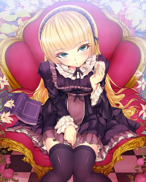 Anime picture 880x1100 with gosick studio bones victorique de blois kasai shin single long hair tall image looking at viewer blush blue eyes blonde hair loli girl thighhighs dress flower (flowers) black thighhighs hairband book (books) armchair