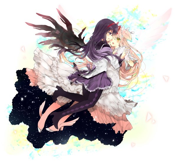 Anime picture 2382x2170 with mahou shoujo madoka magica shaft (studio) akemi homura kaname madoka goddess madoka kakizato (artist) long hair blush highres purple eyes multiple girls yellow eyes pink hair purple hair shoujo ai starry sky print girl dress 2 girls wings