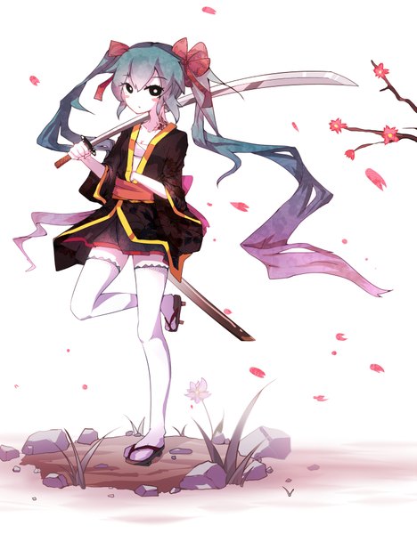 Anime picture 1421x1820 with vocaloid hatsune miku qys3 single tall image looking at viewer blush twintails very long hair black eyes aqua hair pale skin girl thighhighs skirt ribbon (ribbons) weapon hair ribbon miniskirt petals