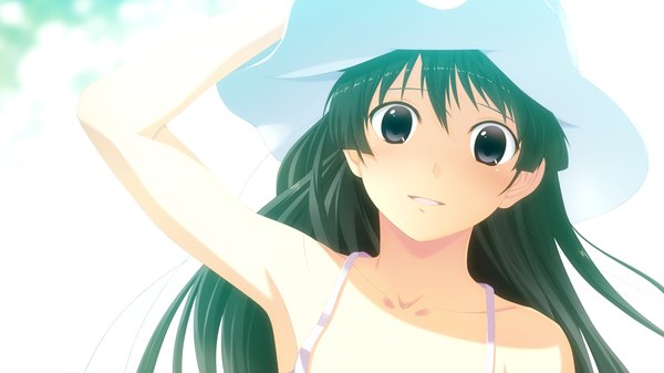 Anime picture 1024x576 with suigetsu 2 long hair black hair wide image game cg black eyes girl hat sundress