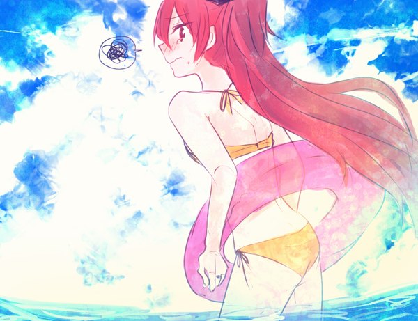 Anime picture 1170x900 with mahou shoujo madoka magica shaft (studio) sakura kyouko mizuki (flowerlanguage) single long hair looking at viewer blush light erotic red eyes bare shoulders sky cloud (clouds) ass red hair looking back embarrassed tears turning head crying