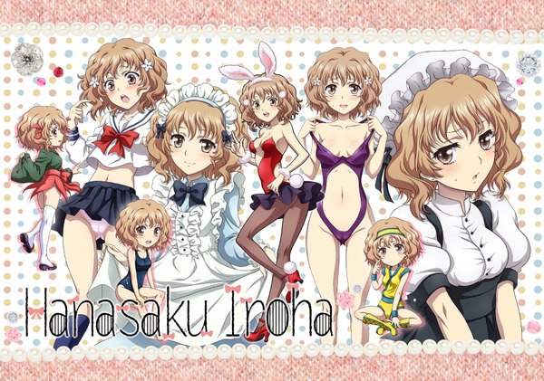 Anime picture 1786x1256 with hanasaku iroha p.a. works matsumae ohana yukkyun highres short hair light erotic brown hair multiple girls brown eyes maid bunny ears pantyshot 6+ girls multiple persona 8 girls girl skirt navel underwear