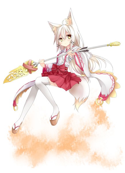 Anime picture 1500x2064 with original chabaneko single long hair tall image looking at viewer blush animal ears yellow eyes white hair tail traditional clothes animal tail fox ears fox tail fox girl girl thighhighs weapon detached sleeves