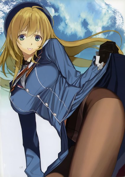 Anime picture 4000x5675 with kantai collection atago heavy cruiser mibu natsuki single long hair tall image looking at viewer highres light erotic blonde hair green eyes absurdres sky cloud (clouds) scan skirt lift :p girl skirt gloves