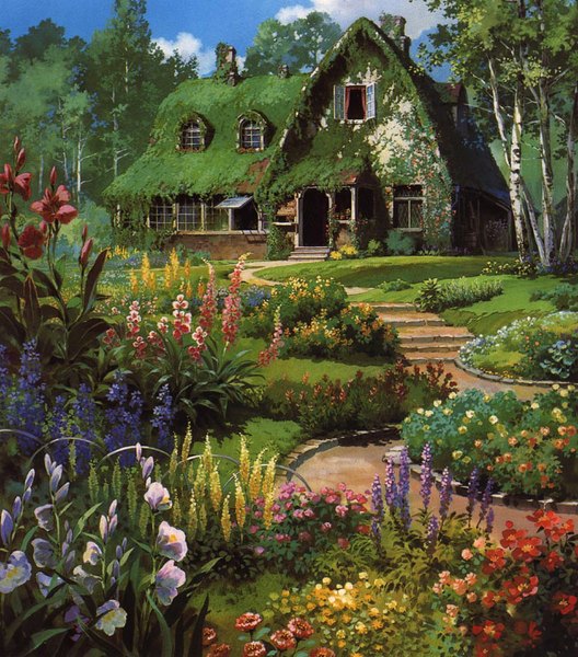 Anime picture 800x909 with kiki's delivery service studio ghibli tall image sky cloud (clouds) outdoors sunlight shadow scenic flower (flowers) plant (plants) tree (trees) window building (buildings) grass house