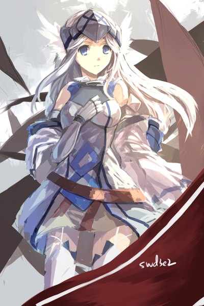 Anime picture 1417x2125 with log horizon reinesia el arte cowen swd3e2 single long hair tall image looking at viewer blue eyes bare shoulders signed wind zettai ryouiki lens flare hand on chest abstract girl thighhighs skirt ribbon (ribbons) white thighhighs